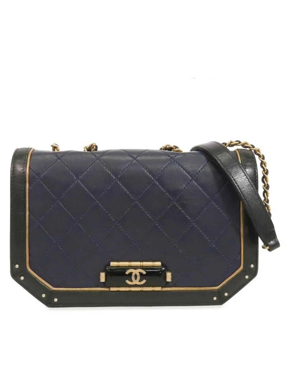 Chanel Chain Navy Black Gold Leather Quilted Shoulder Bag